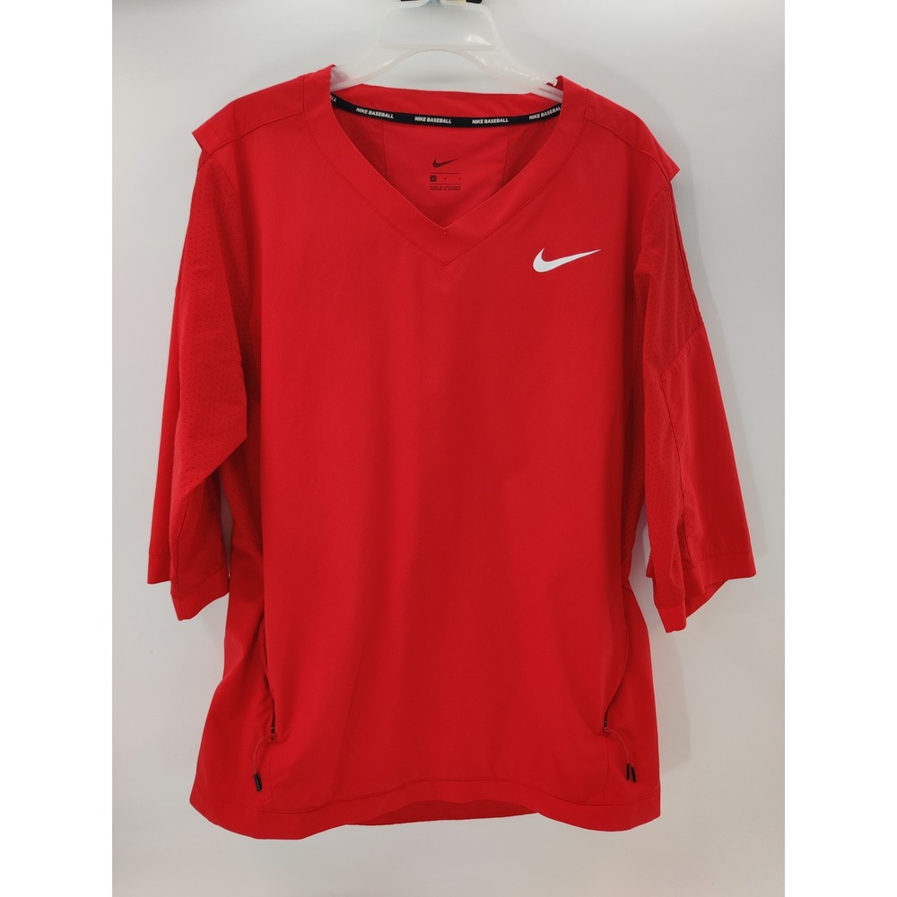 Nike Baseball Jacket Mens Large Red 3/4 Sleeve V-Neck Warmup Pullover RN56323